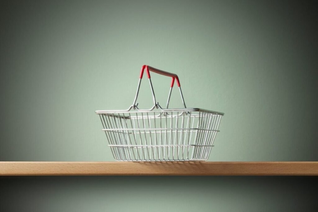 Empty metal shopping basket with red handles on a wooden shelf against a green background.