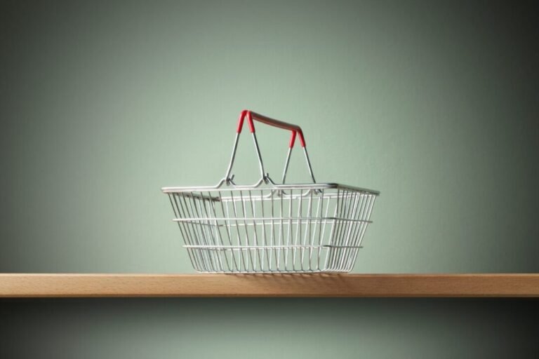 Red-handled metal shopping basket on wooden shelf, symbolizing consumer culture.