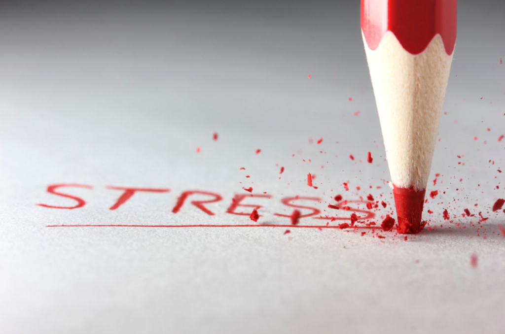 A red pencil with its tip broken, surrounded by shavings, spelling out the word "STRESS" on a white surface.