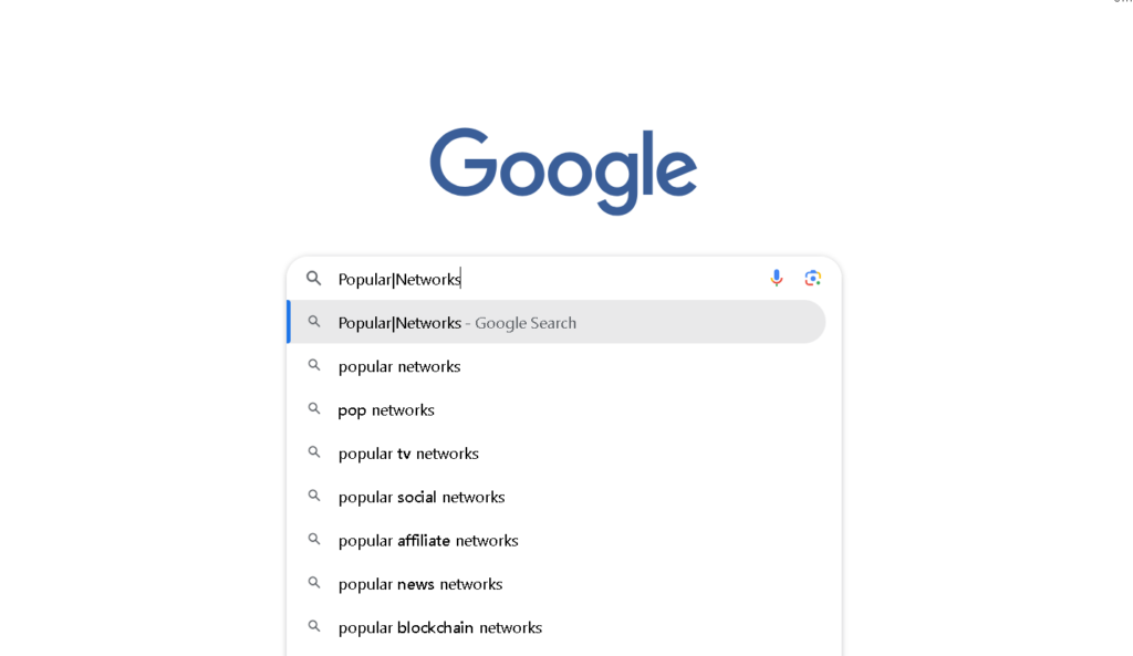 Google search homepage displayed on a computer screen with autosuggest dropdown showing search suggestions as a user types 'Popular networks' into the search bar.