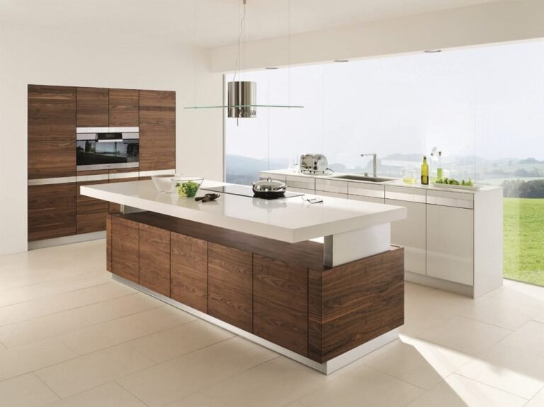 Sleek modern kitchen with dark wood cabinetry, built-in appliances, white countertop, and central island.