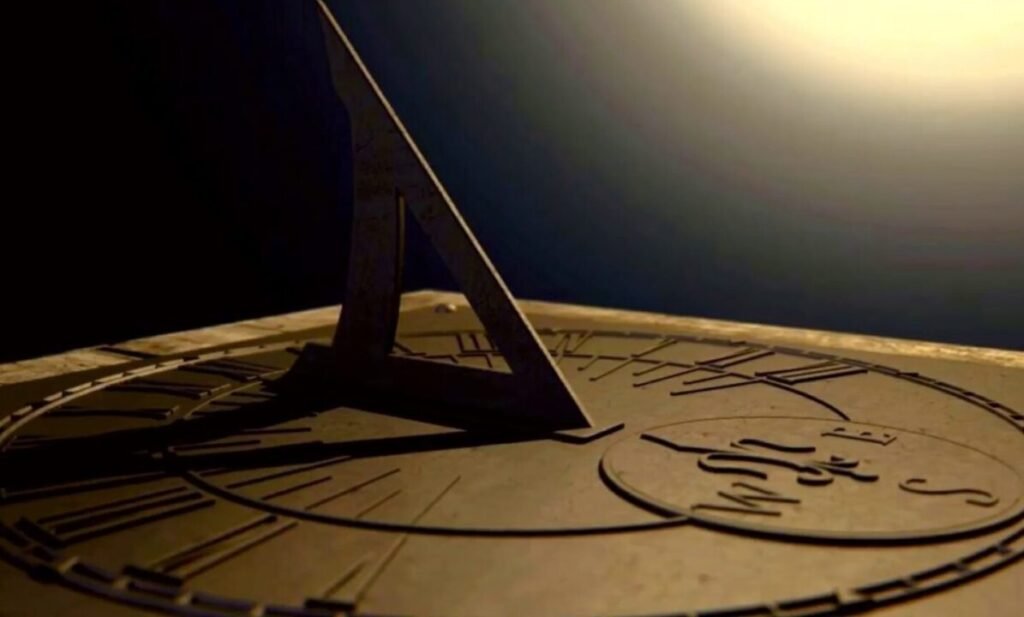 A sundial casting a shadow with a bright light source in the background suggesting a sun-like appearance.