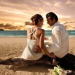 Romantic beach date at sunset with champagne, flowers, and loving couple.