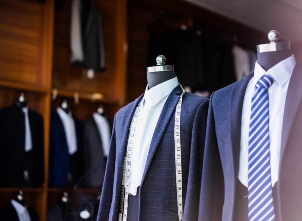 Mannequins displayed in a suit shop with tailored suits and ties, featuring a measuring tape around one mannequin's neck.