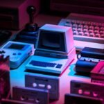 Nostalgic 80s & 90s tech gadgets in pink and purple lighting.