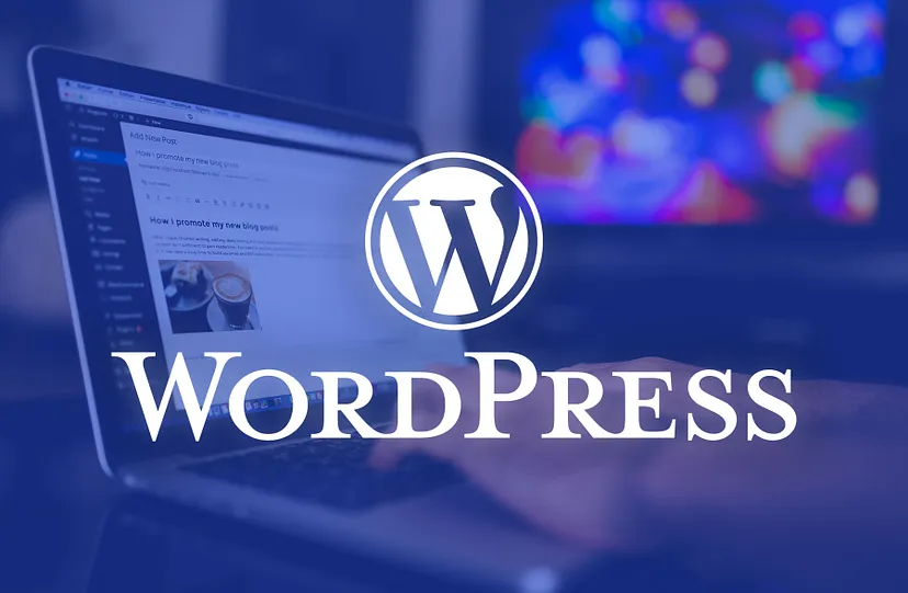 A laptop screen displaying the WordPress post editor with a bokeh background and the WordPress logo overlaid on the right side.