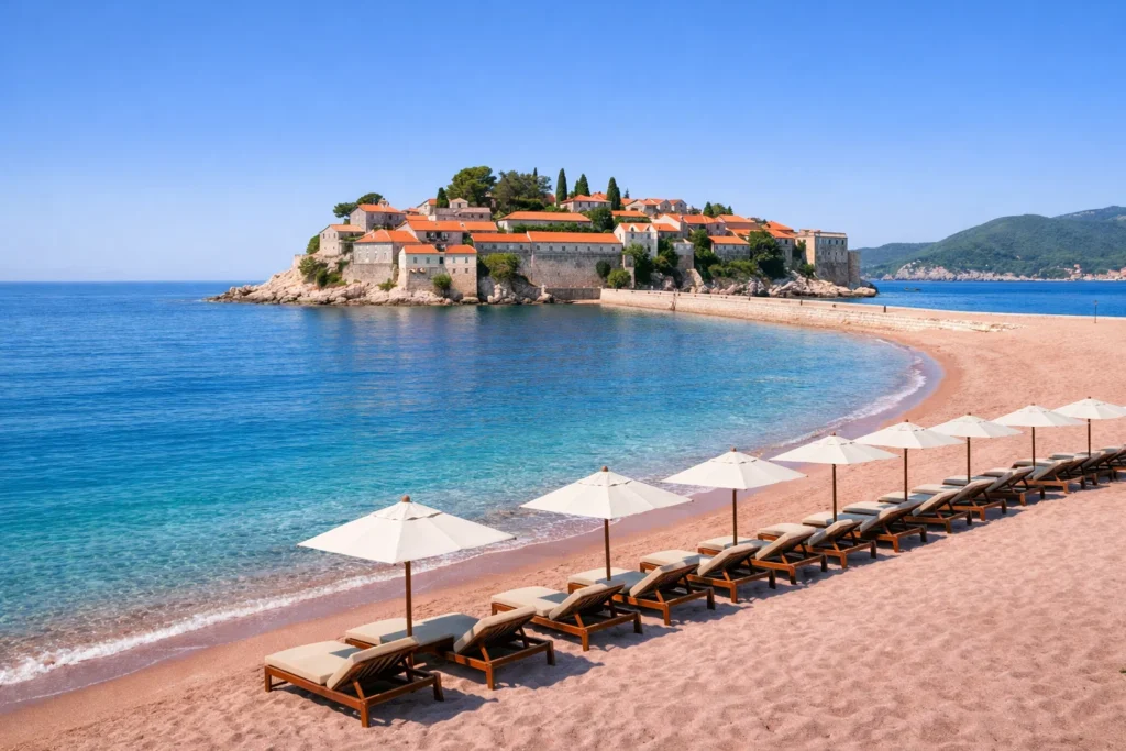Beautiful beach and Sveti Stefan island near Budva, Montenegro