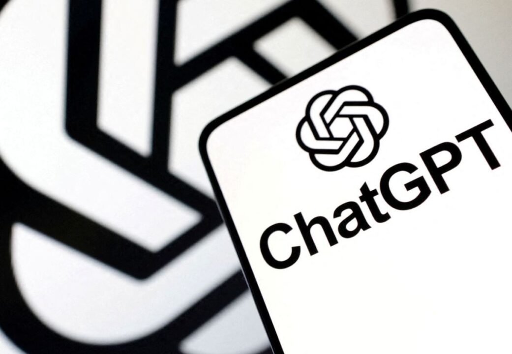 Close-up of a ChatGPT logo on a card with a blurred black and white geometric background.