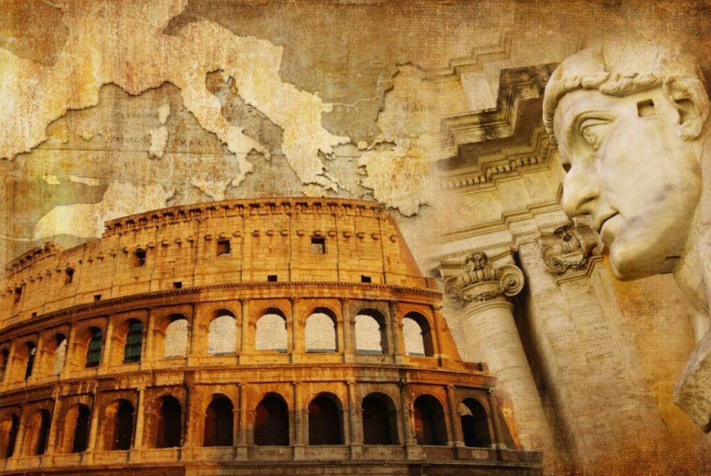 Collage of ancient Roman landmarks including the Colosseum and a classical statue, superimposed on an old map texture.