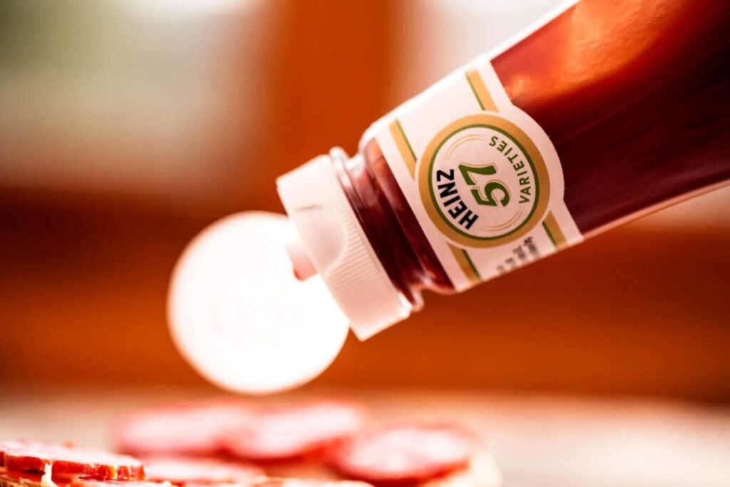 Close-up of a Heinz ketchup bottle being squeezed onto sliced salami, with a blurred background.