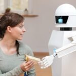 Young woman interacting with sleek humanoid robot in modern indoor setting, exchanging book or tablet.