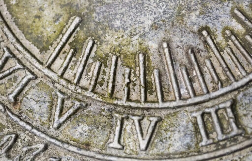 Close-up of a weathered coin showing partial Roman numerals and vertical line patterns.