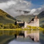 Historic castle on island in calm water with mountain backdrop and cloudy sky.