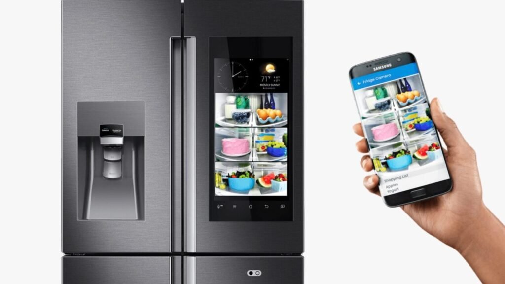 Modern refrigerator with a transparent digital display showing its contents and a smartphone displaying the same fridge contents remotely.