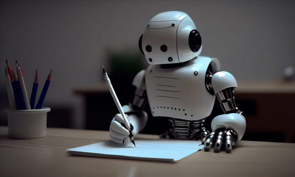 A humanoid robot with a sleek white and silver design sits at a desk writing on a sheet of paper with a pen, next to a cup holding several colored pencils.