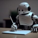 Robot writing at desk, blending technology and creativity in a peaceful setting.