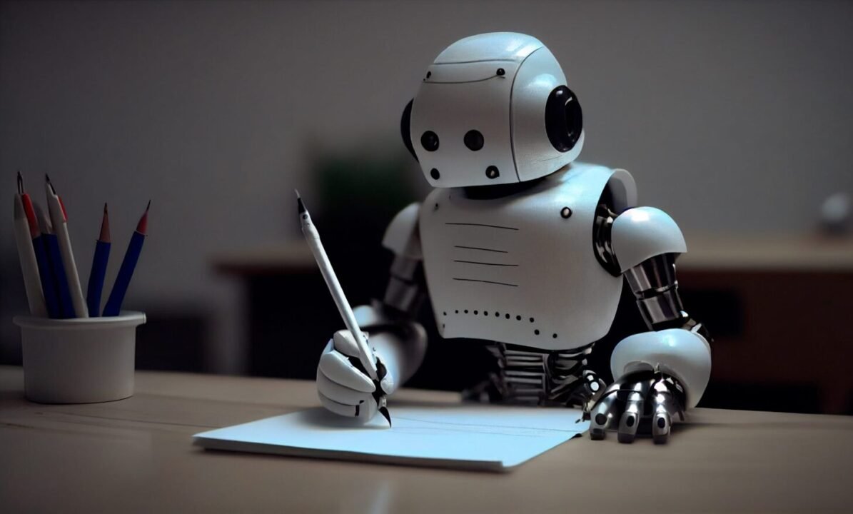 Robot writing at desk, blending technology and creativity in a peaceful setting.