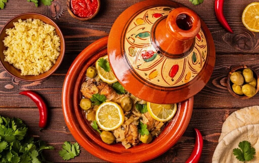 Moroccan tajine dish with chicken, olives, and lemon slices in a decorated clay pot, surrounded by bowls of couscous, red sauce, and olives, garnished with cilantro, red chili peppers, and lemon slices.