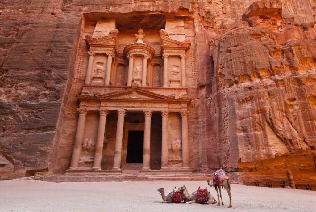 Ancient rock-carved structure with columns and ornate facades, with camels resting in front.