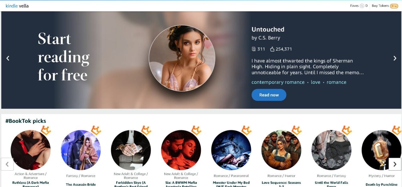 Screenshot of Kindle Vella website showcasing a book titled "Untouched" by C.S. Berry, with a "Start reading for free" banner and a list of #BookTok picks.