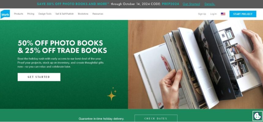 Website offering 50% off photo books and 25% off trade books, featuring a person flipping through a book.