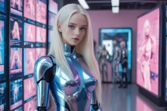 A female android with long blonde hair in a metallic suit stands in a futuristic lab with screens displaying images of similar robotic figures.