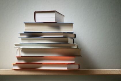 Stack of books on a wooden shelf against a plain wall.