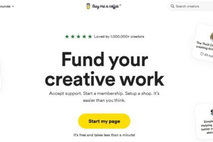 Alt text: "Buy Me a Coffee website homepage promoting creator support platform, with examples of creators and their supporter counts."