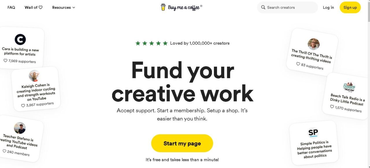 Alt text: "Buy Me a Coffee website homepage promoting creator support platform, with examples of creators and their supporter counts."