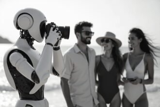 A humanoid robot taking a photo of three people posing on a beach.