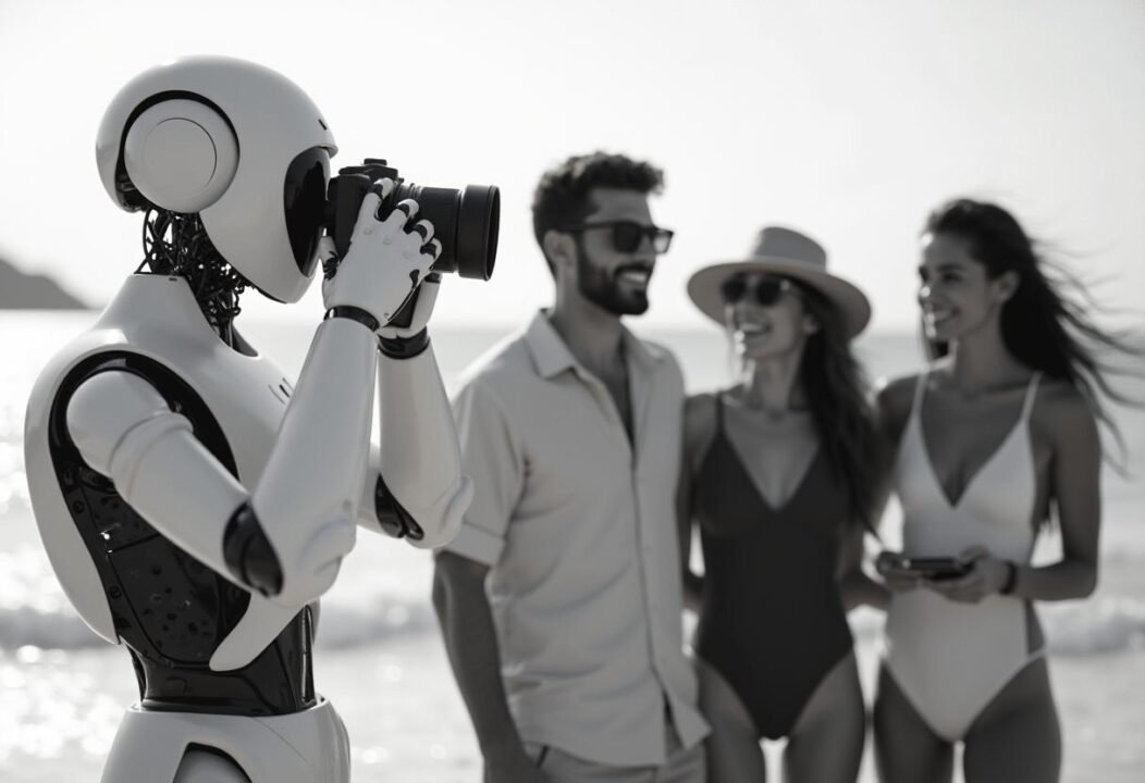 A humanoid robot taking a photo of three people posing on a beach.