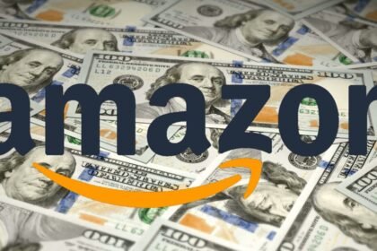 The Amazon logo overlaid on a background of 100-dollar bills.