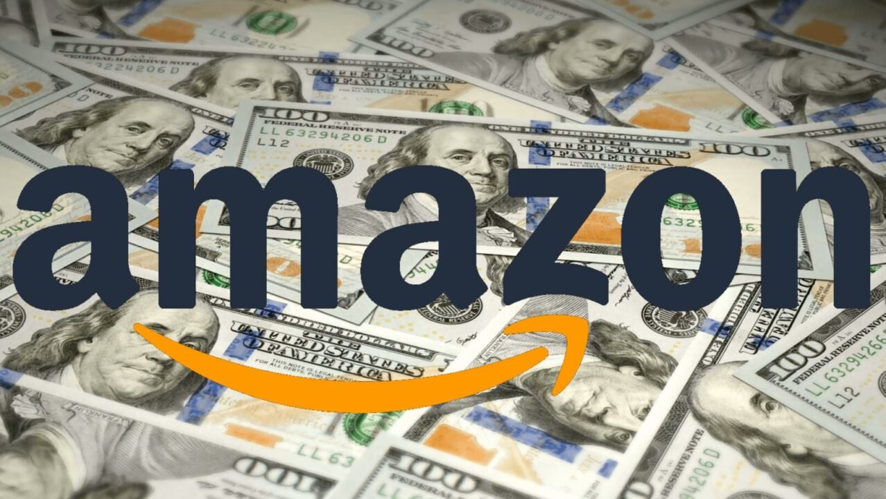 The Amazon logo overlaid on a background of 100-dollar bills.