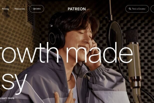 A person singing into a microphone in a soundproof recording studio with the text "Growth made easy" overlaid.This is the first page of Patreon website