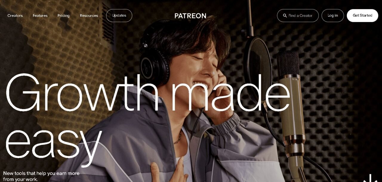 A person singing into a microphone in a soundproof recording studio with the text "Growth made easy" overlaid.This is the first page of Patreon website