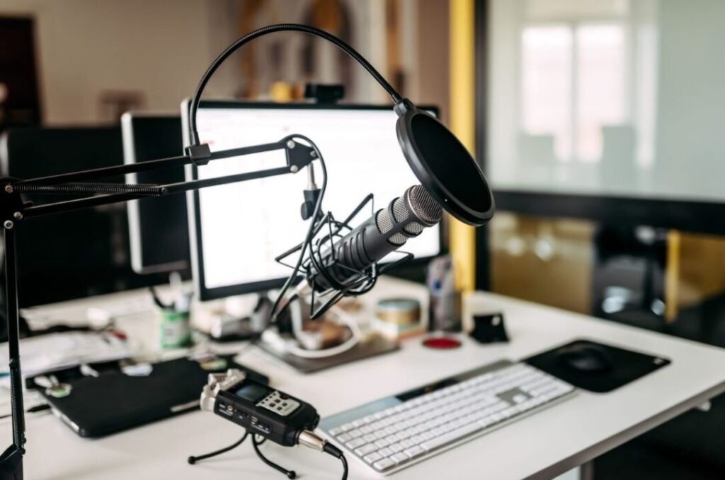 A modern podcast setup with a microphone, pop filter, and audio interface on a desk near a computer.