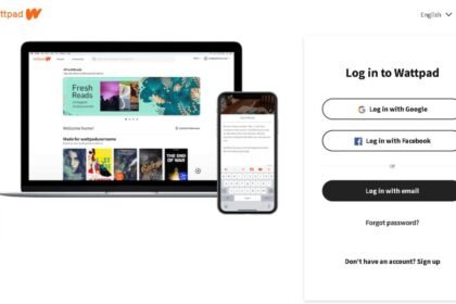 Log in page for Wattpad, featuring login options with Google, Facebook, or email, alongside illustrations of Wattpad’s interface on a laptop and smartphone.