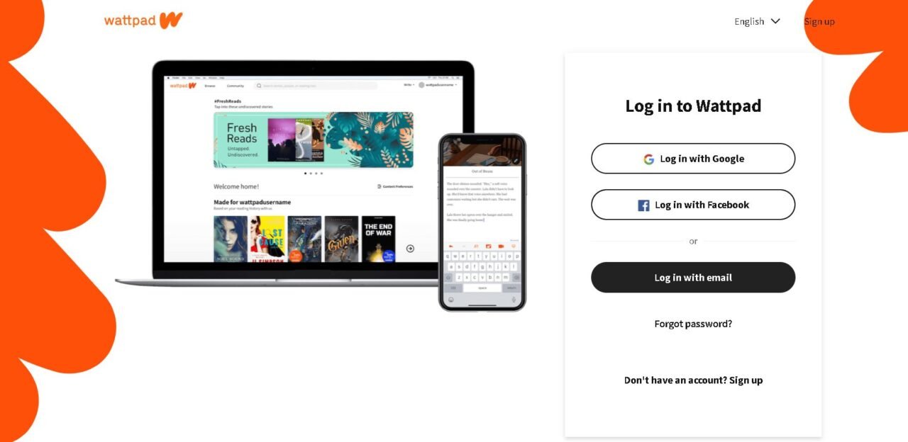 Log in page for Wattpad, featuring login options with Google, Facebook, or email, alongside illustrations of Wattpad’s interface on a laptop and smartphone.