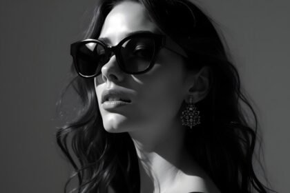 Woman wearing sunglasses and ornate earrings in grayscale.