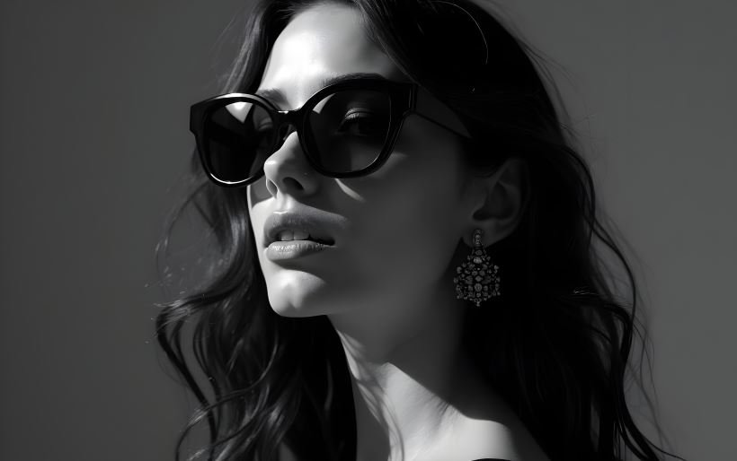 Woman wearing sunglasses and ornate earrings in grayscale.