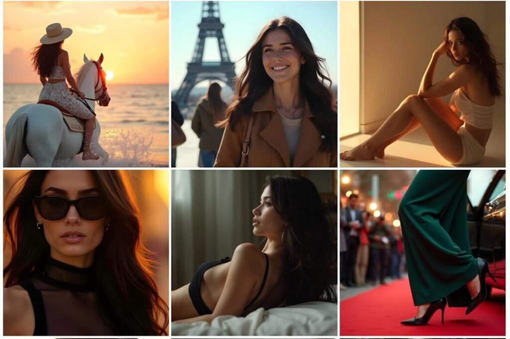 Collage of six images: woman riding a horse on the beach at sunset, smiling near the Eiffel Tower, sitting indoors, wearing sunglasses, reclining on a bed, and walking on a red carpet in heels.