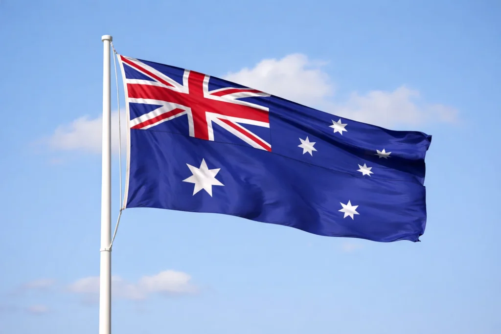 Australian flag and blue sky as a background