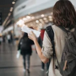 A woman is walking in an airport catching the next flight in an international airport