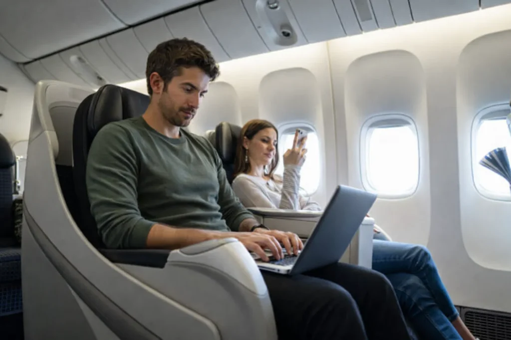 People in airplane working during flight.Digital Nomadism and Travel concept