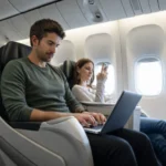 People in airplane working during flight.Digital Nomadism and Travel concept