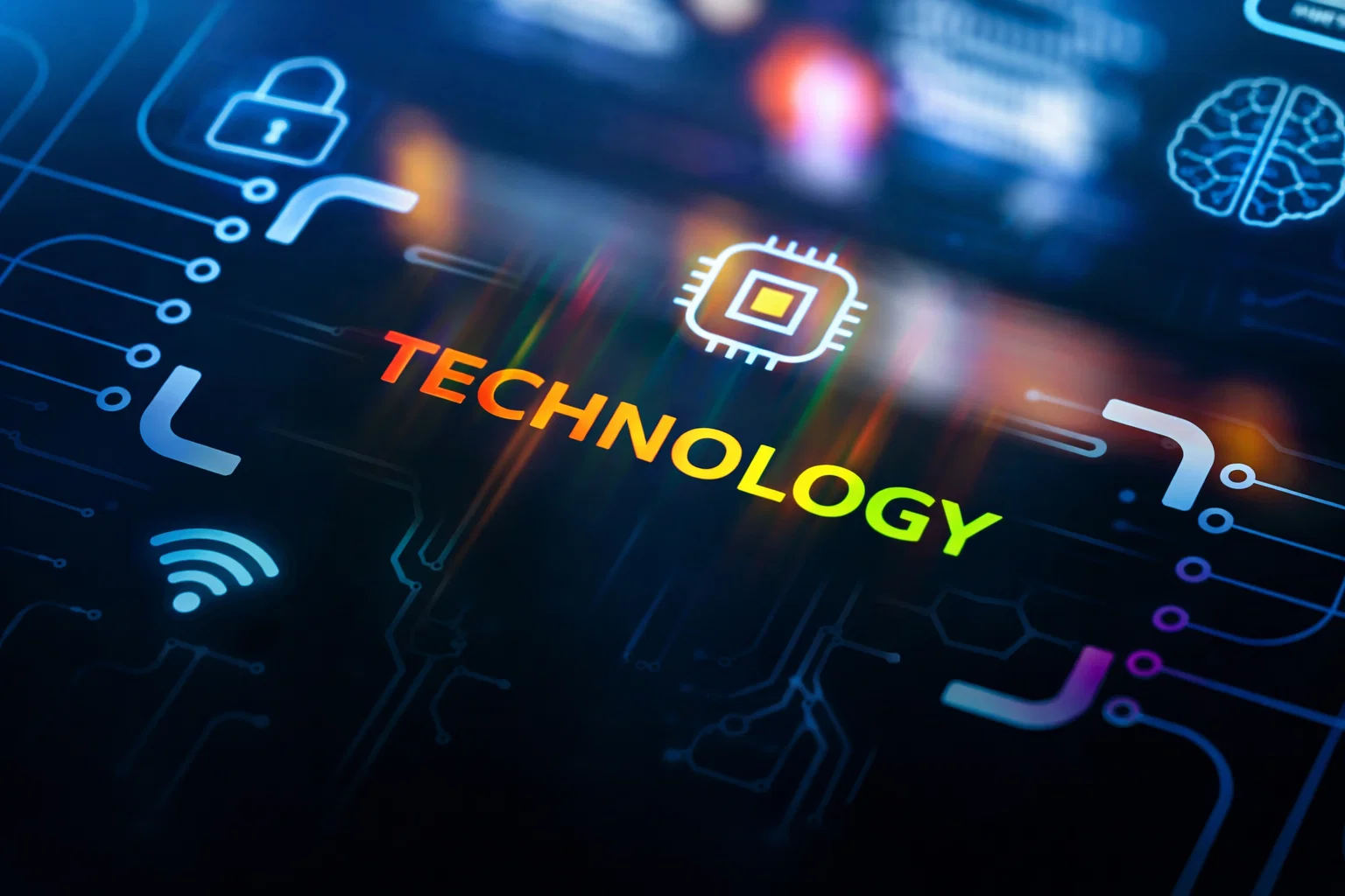 A technology concept where the word "technology" is a hologram