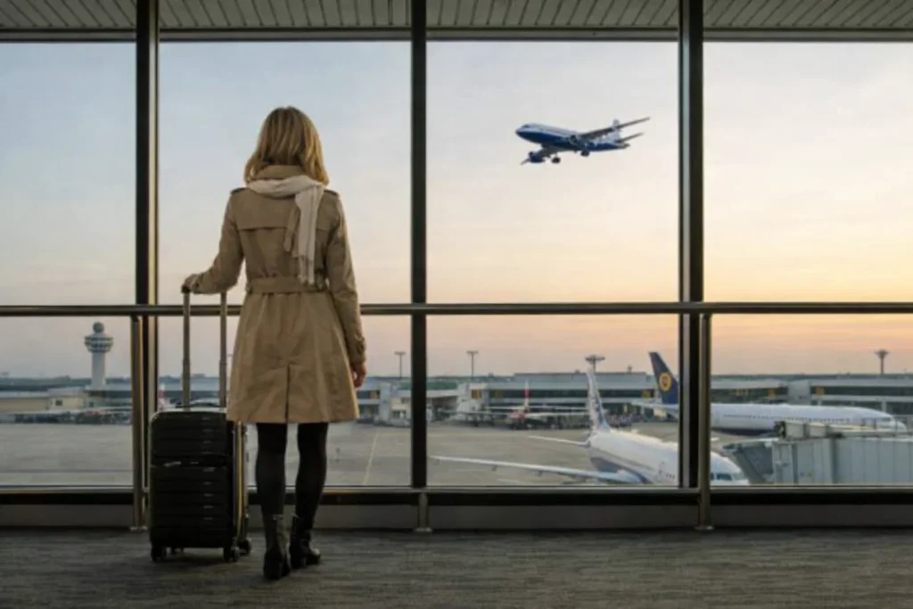 A woman is waiting the next flight in large airport.A concept for living abroad,digital nomads,business trip,travel