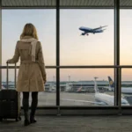 A woman is waiting the next flight in large airport.A concept for living abroad,digital nomads,business trip,travel