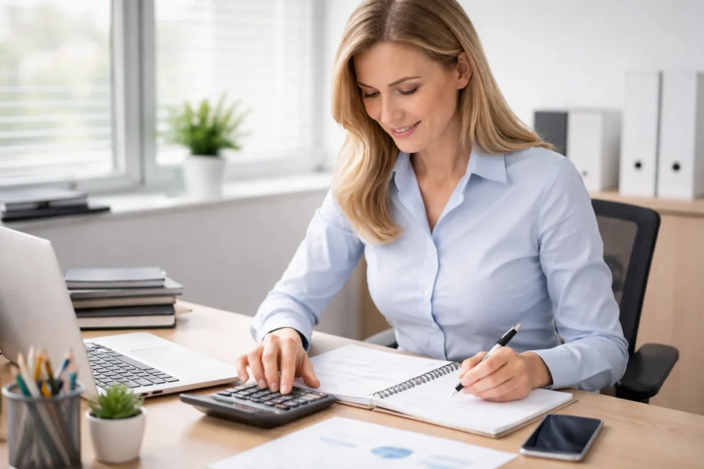 Secretary is using calculator on a desk